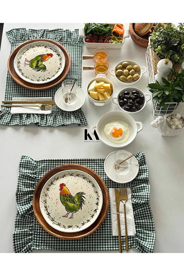 4 Pieces Mossy Linen Ruffle Detailed American Tablecloth/ Placemat Green Checkerboard