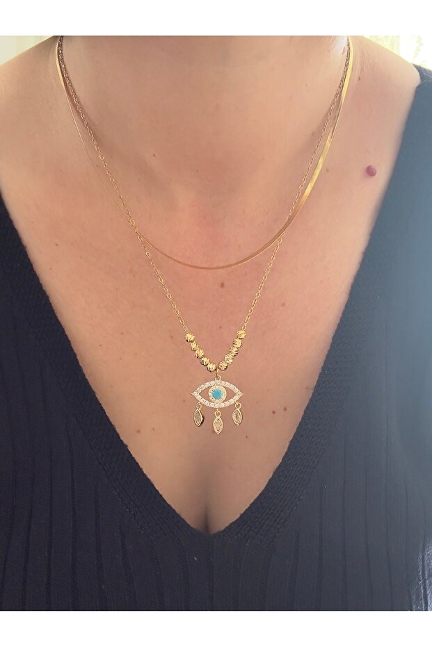 Steel Double Necklace Set (Doric Zircon Stone Eye Pendant and Italian Jewelry Chain)