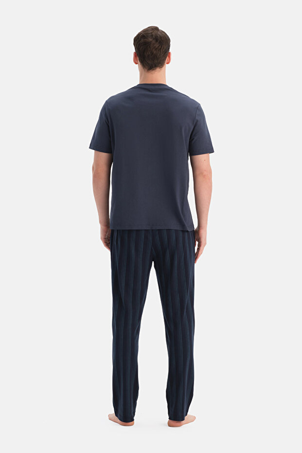 بنطلون أساسي من القطن الممشط مخطط باللون الأزرق الداكن - 2