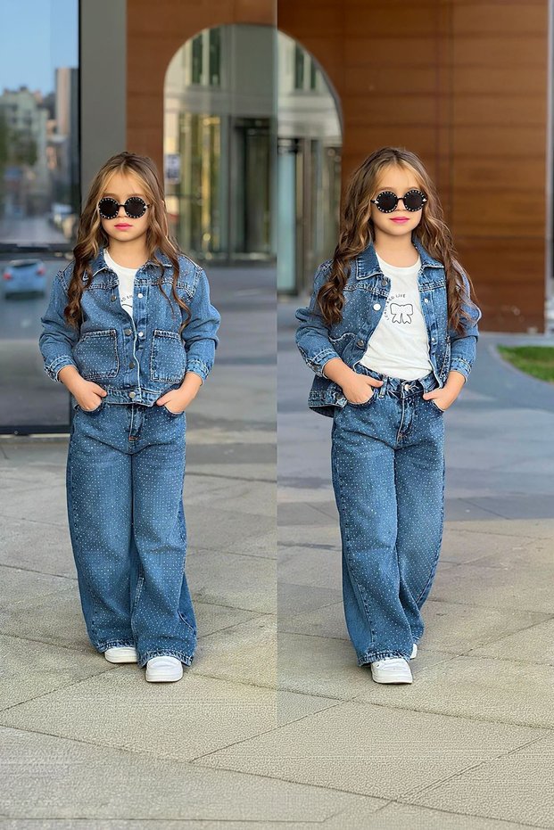 My Little One's Stoned Denim 3-Piece Girl's Set - Blue