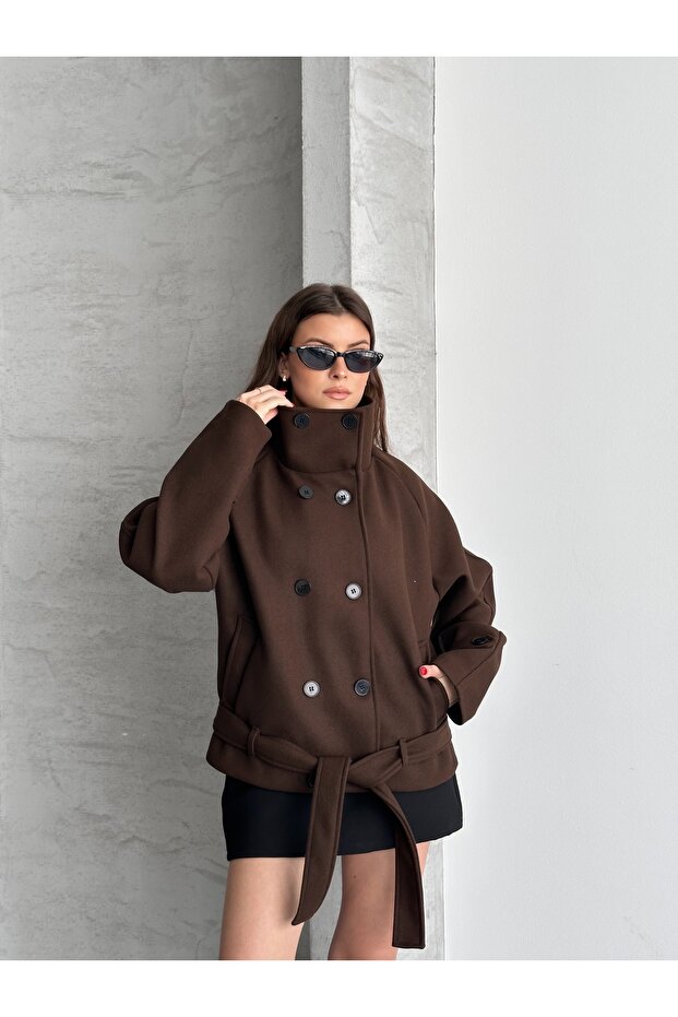 Women's New Season Buttoned Stand-Up Collar with Belt Cashemere Coat Jacket