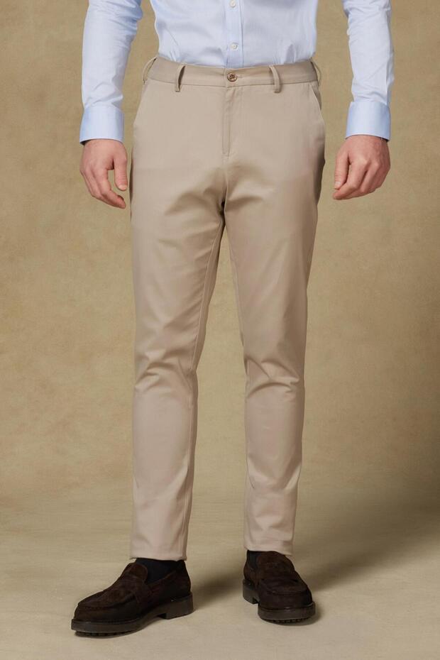 Prime Chino Poplin Stretch Cotton Blend Modern Fit Beige Men's Straight Trousers