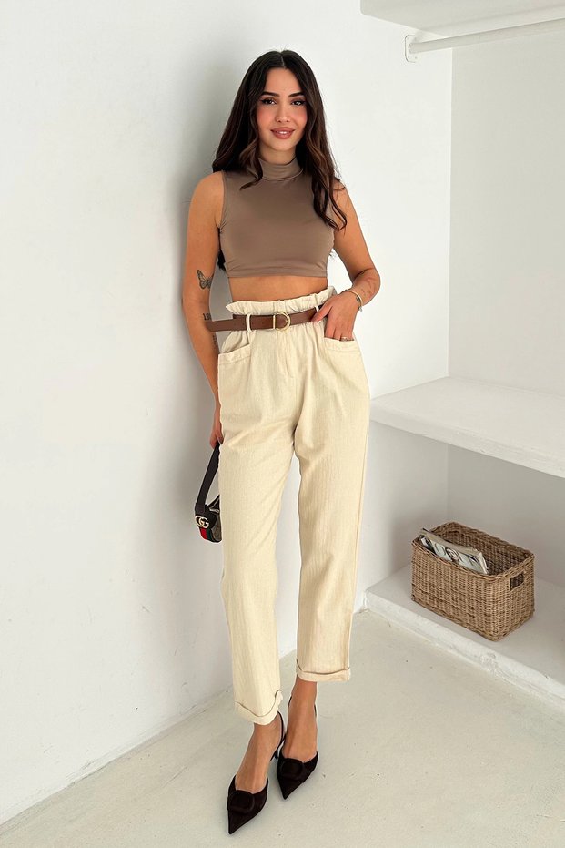 Washable Cotton Rain Gabardine High Waist Trousers Beige