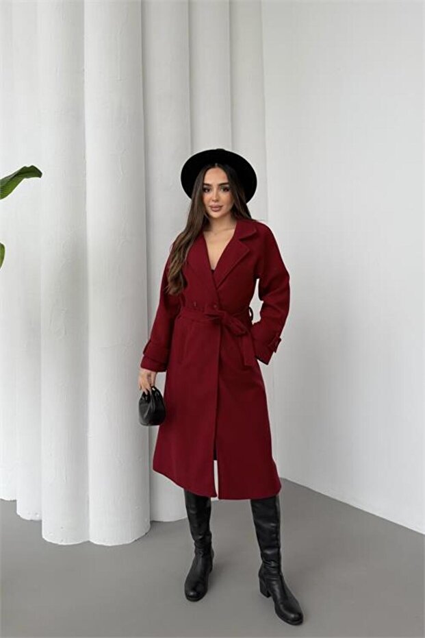 Women's Burgundy Belted Raglan Sleeve Buttoned Premium Cashmere Coat Nbkbn01