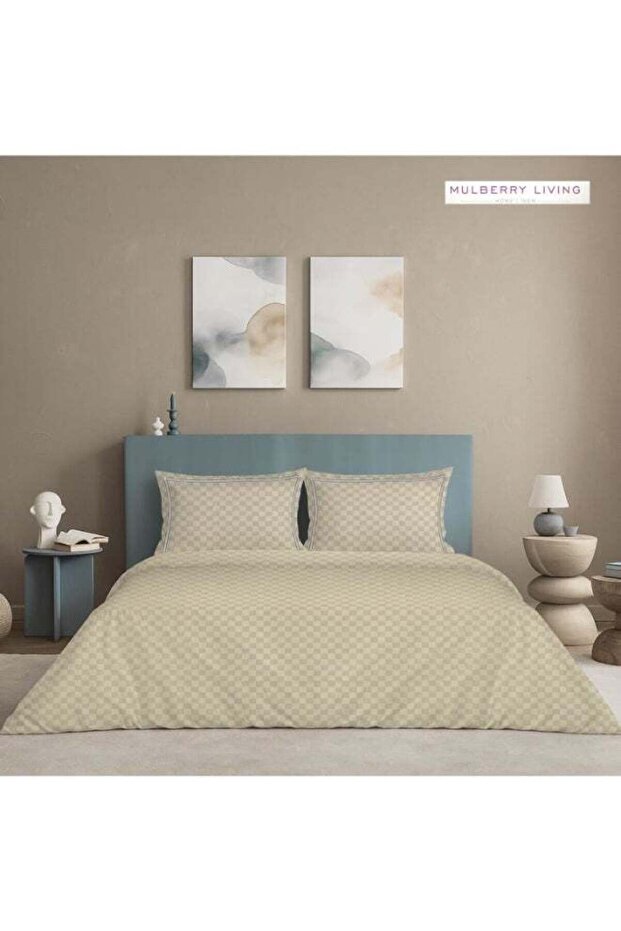 100% Cotton -300 TC Urban Grid King Size Checkered Duvet Cover - Pearl