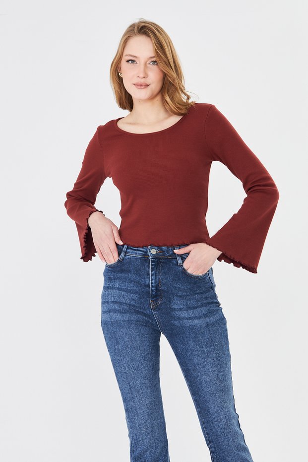 Women's Wide Round Neck Bebe Overlock Detailed Ribbed Knit Long Sleeve Blouse