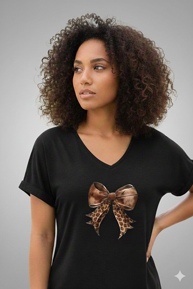 Women's V-Neck Leather-Look Bow Printed T-Shirt Loose Oversized