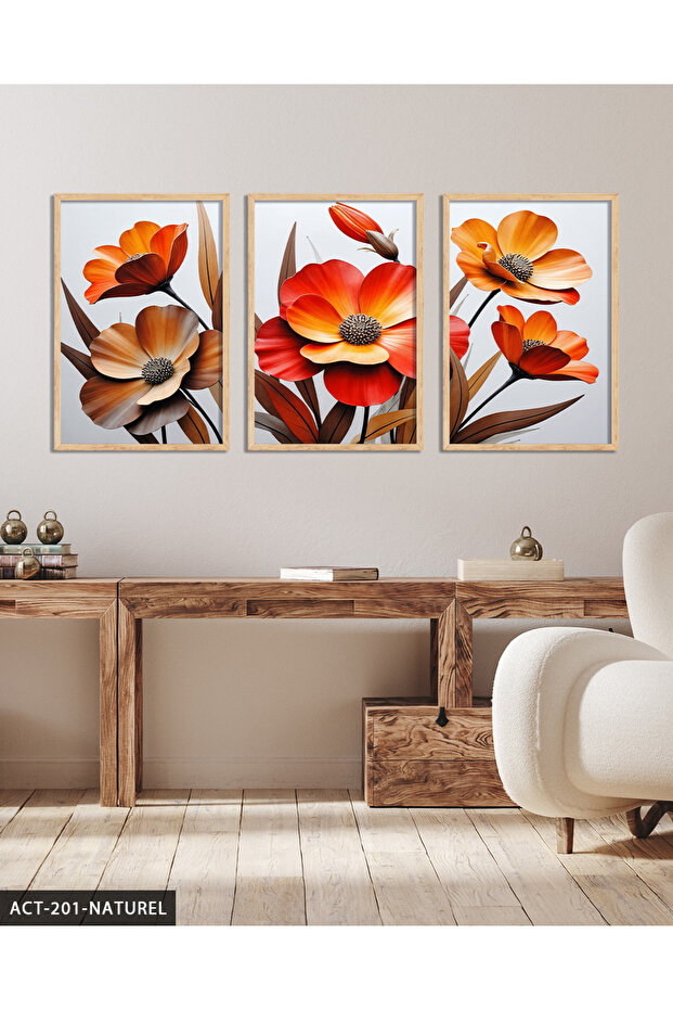 Textured Appearance Red Flower 3 Piece Wooden Framed Painting Act