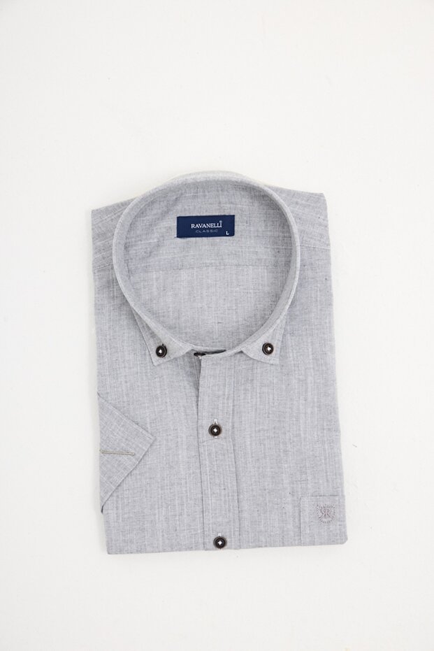 Short Sleeve Classic Collar Buttoned Cotton Linen Look Men's Shirt with Pockets