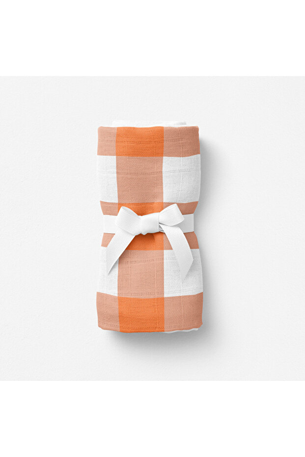 Bird of Life Orange Check, Muslin Baby Blanket, 100X100 cm