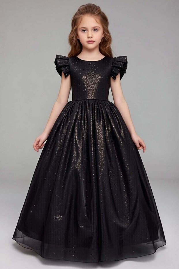 Glittery Sleeveless Black Party Dress for Girls with Ruffle Detail on the Shoulders