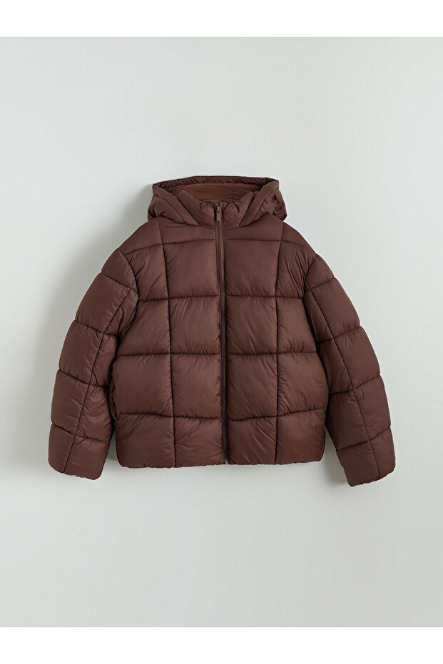 Brown Hooded Girl's Puffer Jacket