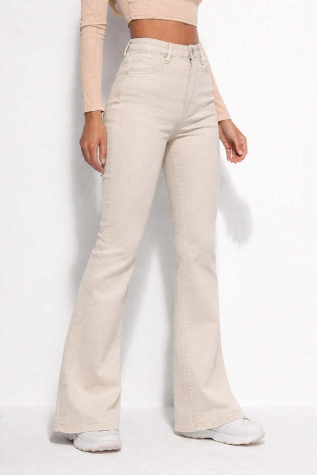 By Caspita Fashion Kadın Yüksek Bel Power Likra Ultra Esnek Toparlayıcı Bej İspanyol Paça Jean