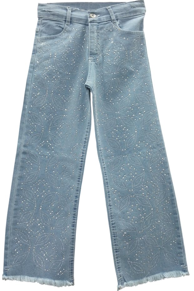 Girl's Stone Embroidered Tassel Detail Light Blue Color Jeans
