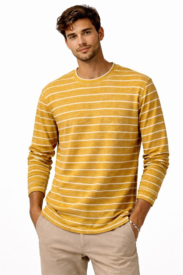 Men’s Striped Sweater Knit Long Sleeve T-Shirt – Soft Lightweight Casual Pullover