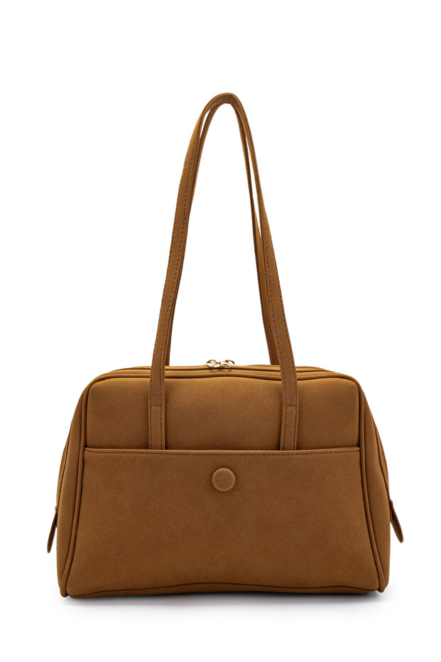 Suede Rocky Women's Shoulder Bag with Front Pocket Detail, Brown