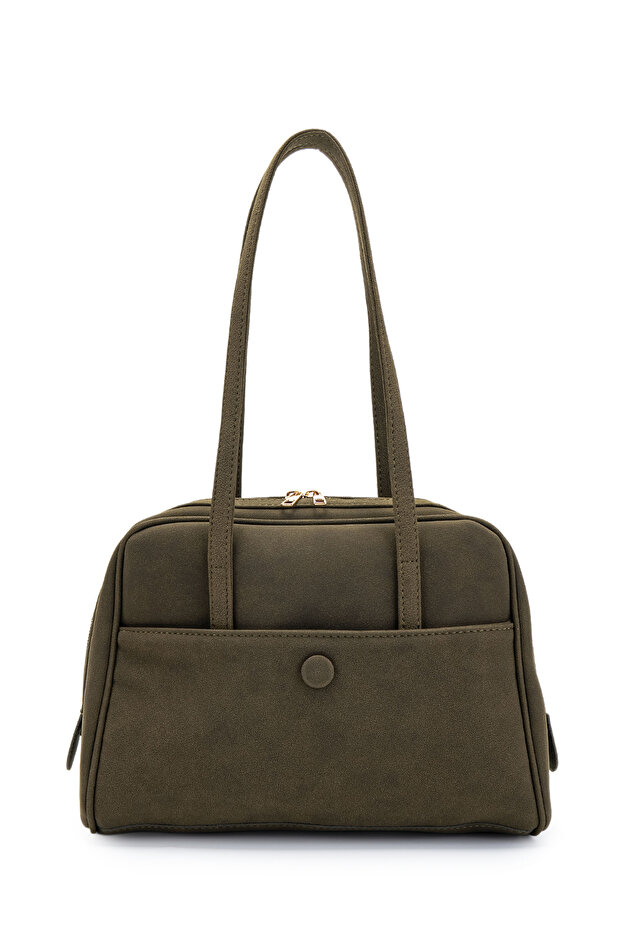 Suede Rocky Women's Shoulder Bag Khaki with Front Pocket Detail