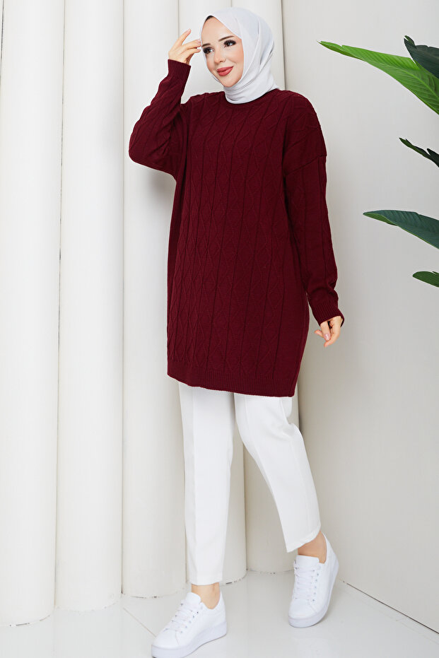 Women's Knitted Diamond Patterned Knitwear Tunic