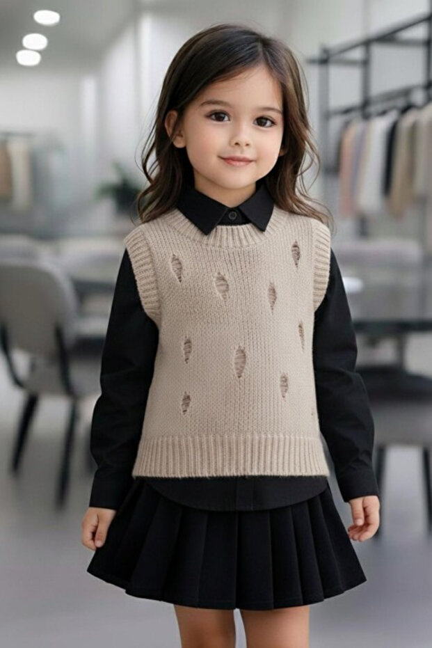 Girl's Cotton Ripped Detailed Transitional Knitwear Sweater
