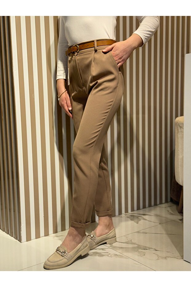 Kemerli camel pantolon - 2