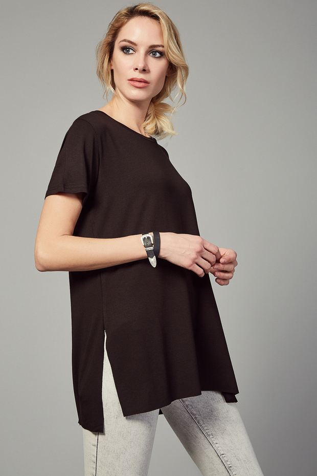 Yandan Slit Boyfriend Blouse Len0053 Black