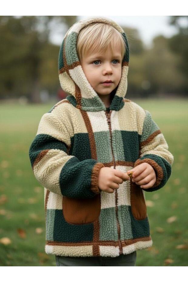 Boy's Plush Plaid Patterned Hooded Coat