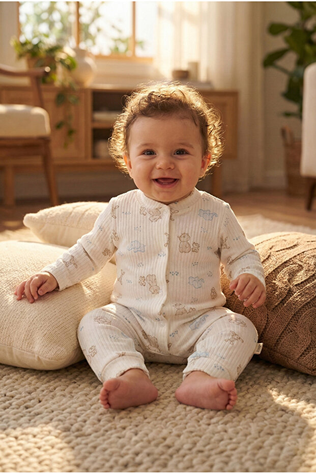 100% Cotton Baby Romper with Corded Fabric Cute Animal Figures and Snap Fasteners, Long Sleeves
