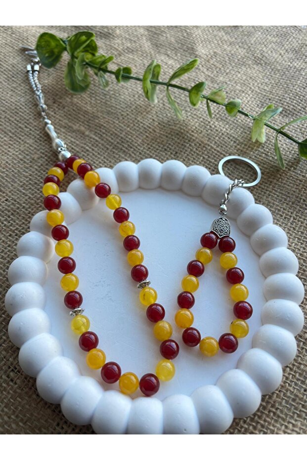 Fan Natural Stone Prayer Beads and Keychain Galatasaray Agate Calcite 8 mm