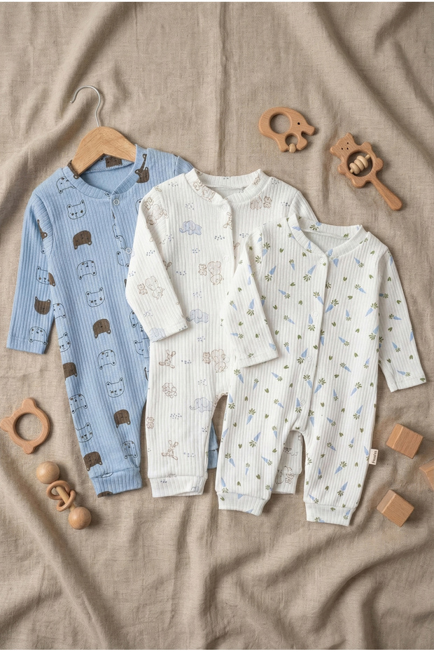 3-Pack Ribbed Cotton Baby Jumpsuit Set - Long Sleeve Snapped Sleep and Everyday Jumpsuit