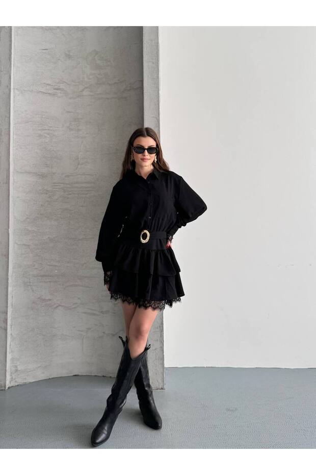Women's Lace Detailed Belted Shirt Collar Mini Dress