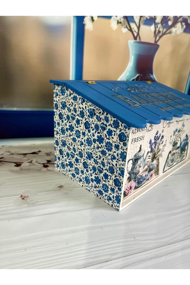 صندوق خبز خشبي منقوش باللون الأزرق للمطبخ - 5