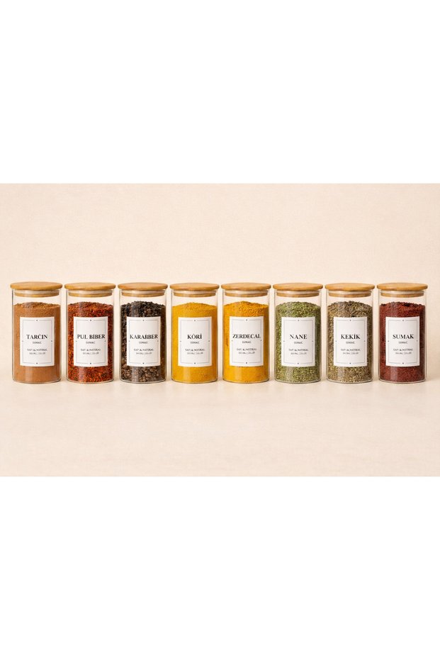 Borosilicate Glass with Bamboo Lid 8-Piece-250 ml Seasoning Set with Spoon and Label
