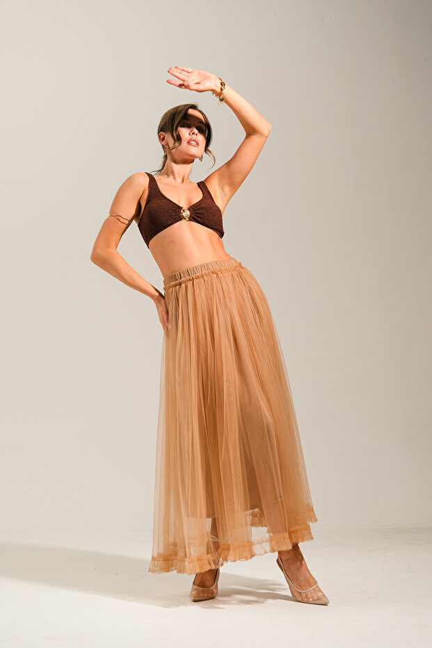 Ruffle Detailed Long Tulle Skirt