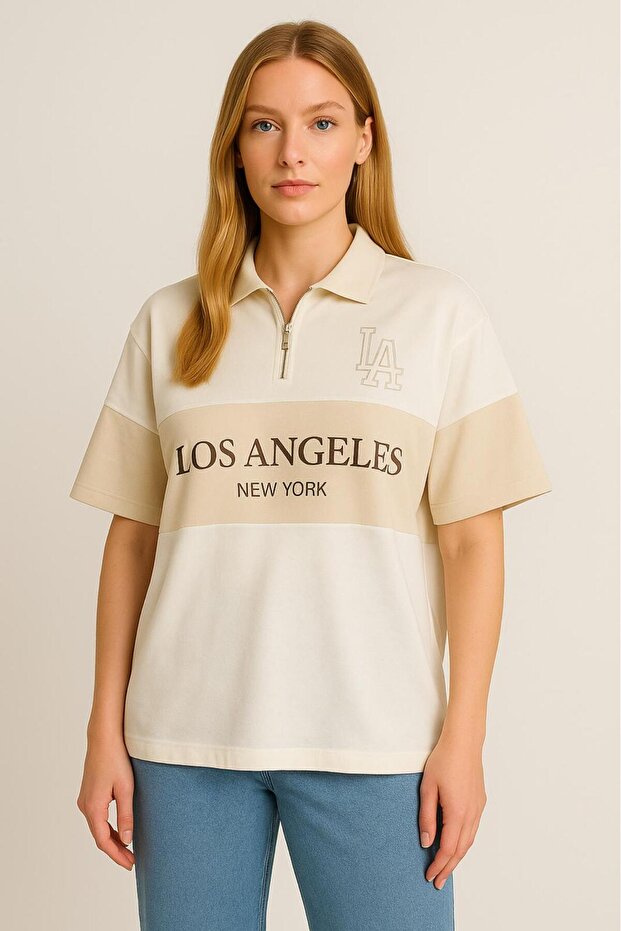 Unisex Half Zipper Los Angeles Printed Polo Neck Oversized T-Shirt