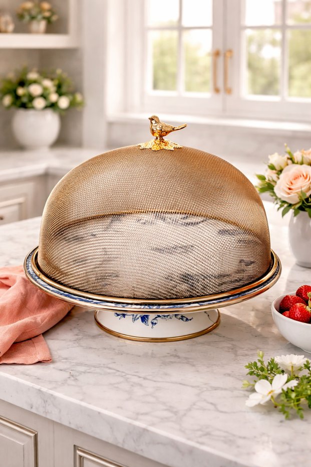 Blue Blanc Enamel Cake Stand with Large Steel Mesh Fan