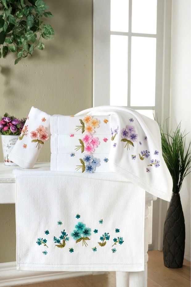 Asude White Velvet 3D Embroidered 30X50 cm 100% Cotton Kitchen Towel