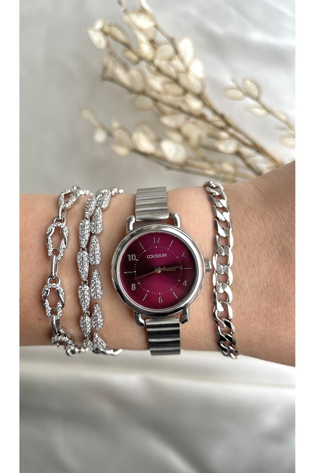 Coliseum Women's Silver Cord Strap Plum Dial Analog Wrist Watch