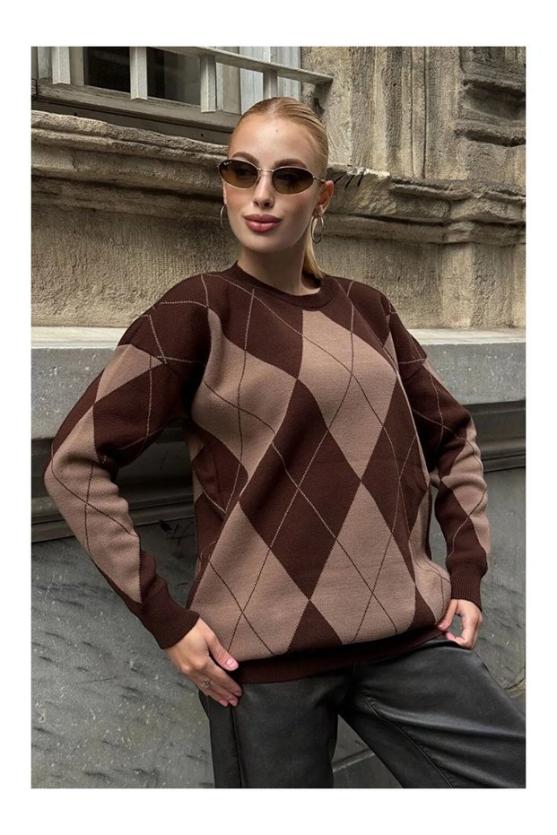 Light Brown-Acute Brown Baklava Pattern Oversized Knitwear