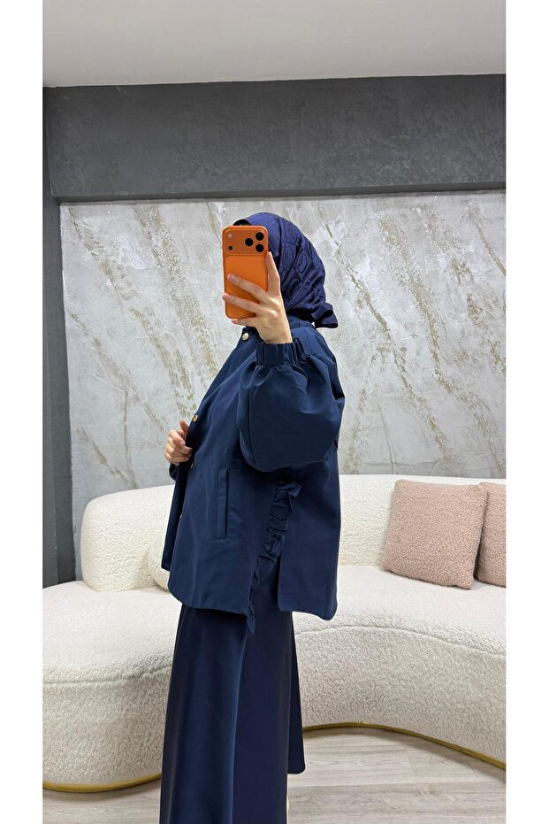 Ruffled Bomber Jacket Navy Blue - 5