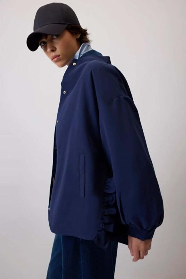 Ruffled Bomber Jacket Navy Blue - 3