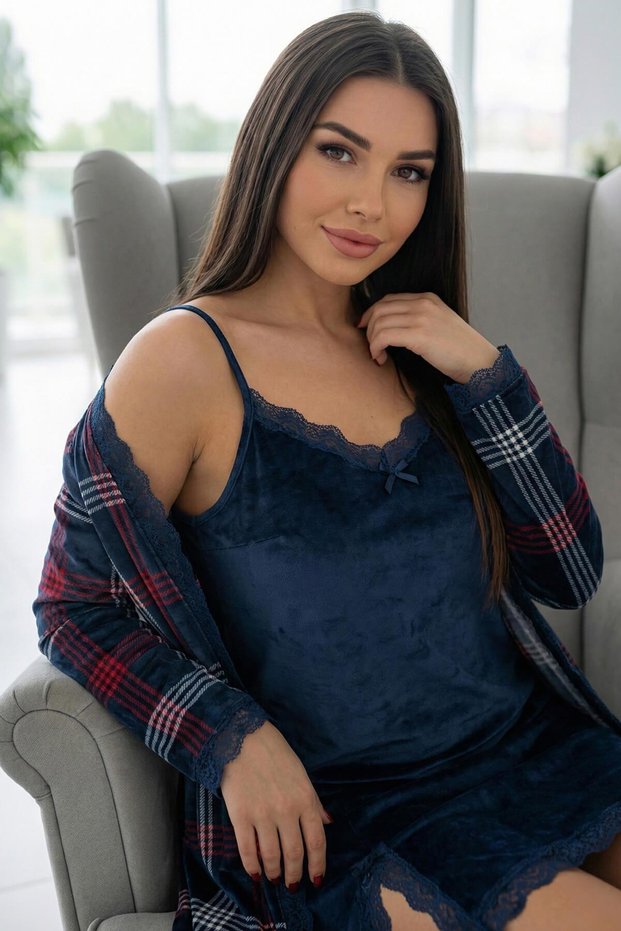 Navy Blue Plaid Exclusive Velvet Robe Nightgown Women's Pajama Set