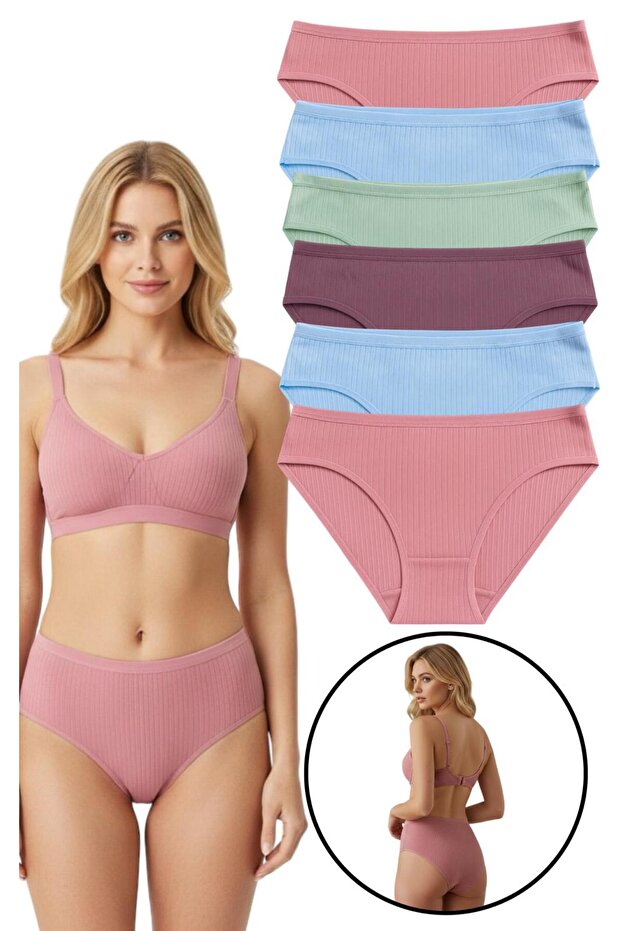 6-Piece Rib Knit Women's Cotton Bikini Briefs - Soft-Textured Ribbed Model
