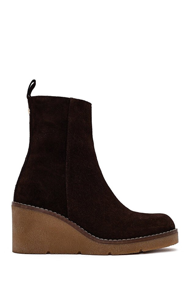 Women's Brown Zippered Wedge Heeled Suede Leather Boots 25Wfd203510