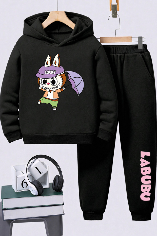 Labubu Printed Children's Premium Sweatshirt Set 2-Piece Set Hoodie Bottom Top Set