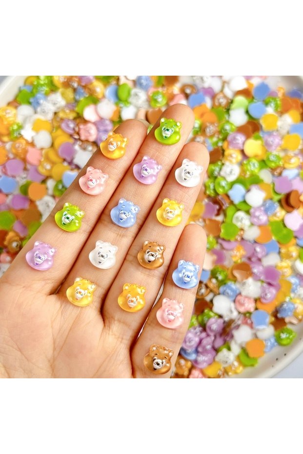 Mixed 50PCS 50PCS Multiple Colors Cartoon Kawaii Bear Head Resin Nail Charms Creative Translucent Br