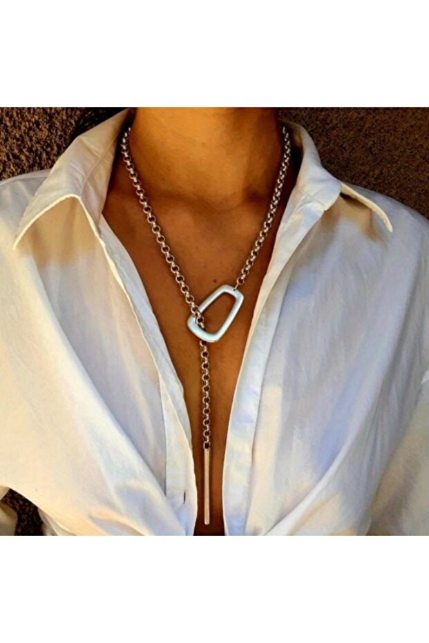 T893 Long Bar Silvery Pendant Womens Bold Y Necklace Unique Chunky Chain Adjustable Lariat Necklace