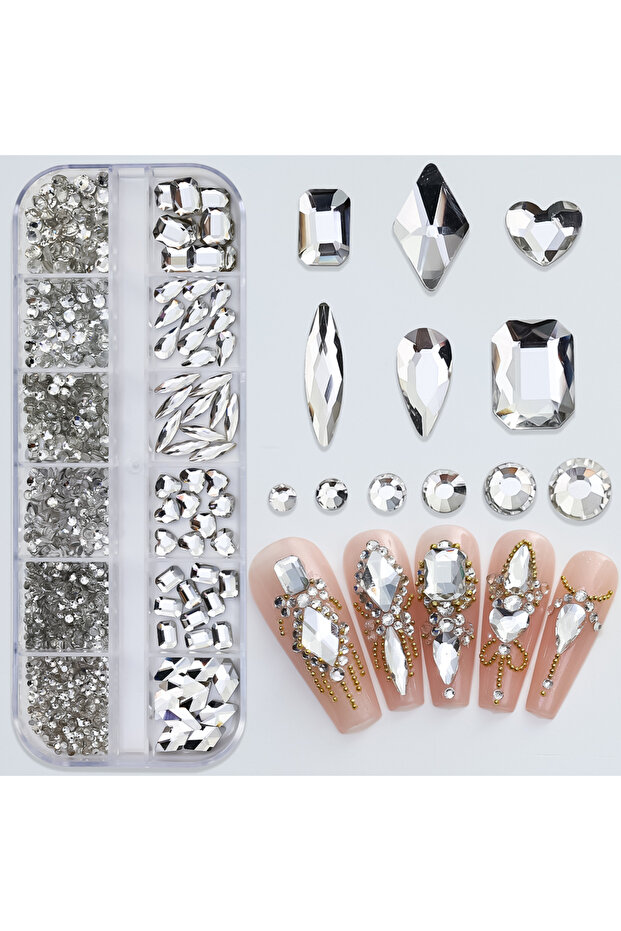 White 12Grids 3D Pink Nail Art Rhinestones Flatback Glass Gems Stones Nail Art Decorations Luxurious