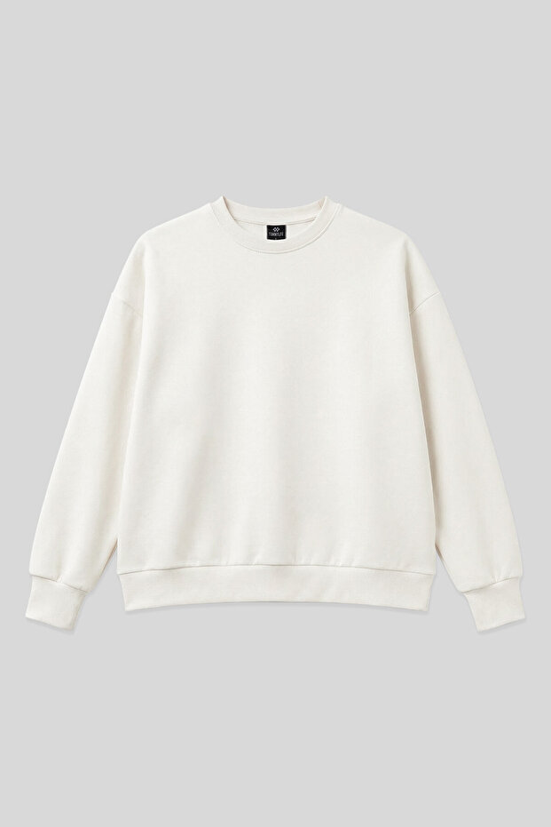 Ekru Basic O Yaka Oversize Kadın Sweatshirt - 97053 - 2