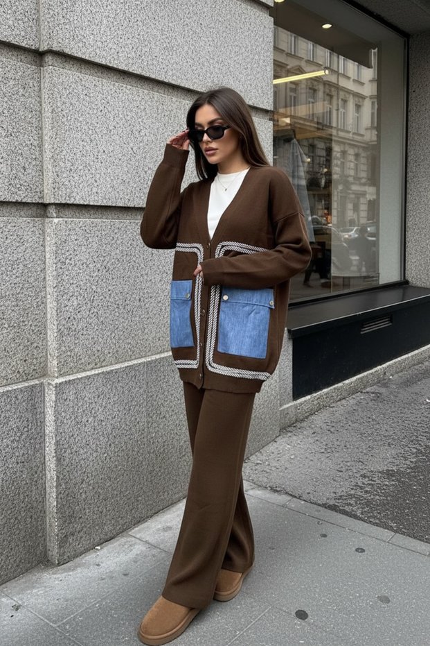 Denim Pocket Detail Buttoned V-Neck Cardigan and Wide-Leg Pants Knit Set