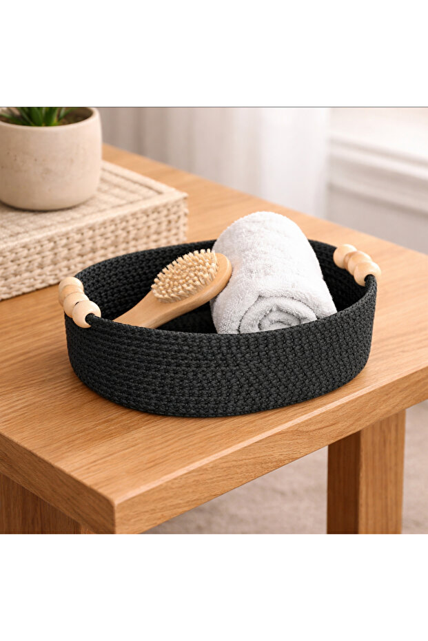 Hand Knitted Black Organizer Basket, Wicker Basket, Bathroom Organizer Basket – 26 X 14 X 9 cm